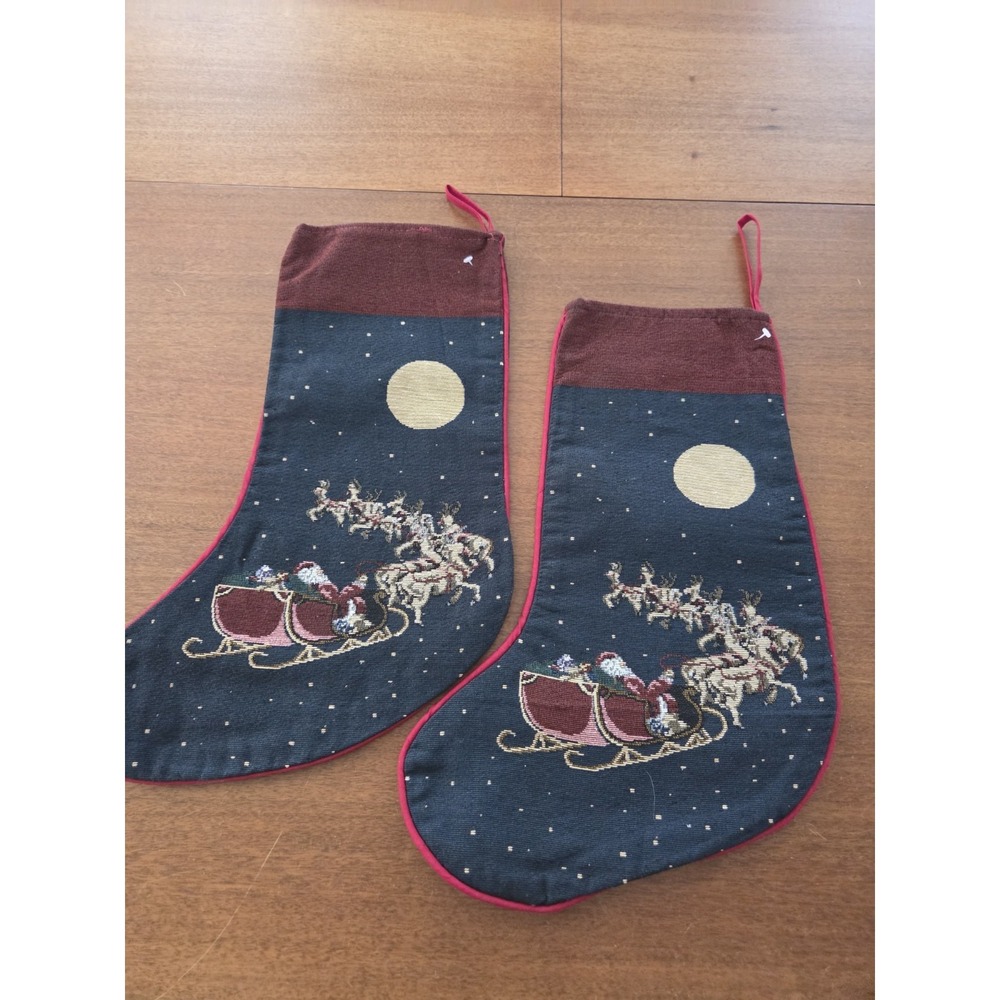 Pair‎ Of Tapestry Santa And Reindeer Christmas Stocking Two Full Moon